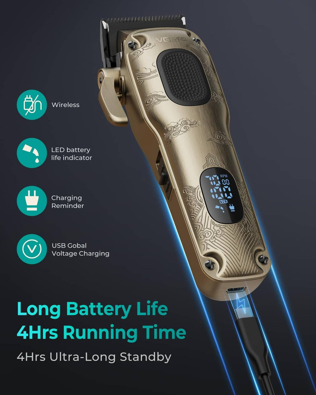 RivetOak VGRPRO Hair Clippers for Men Professional, Cordless & Corded Barber Golden