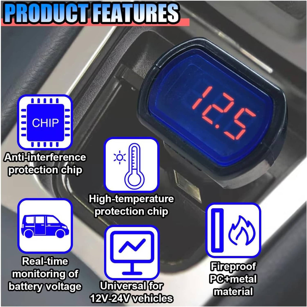 Digital car voltmeter close-up, black housing with blue display and red LED digits