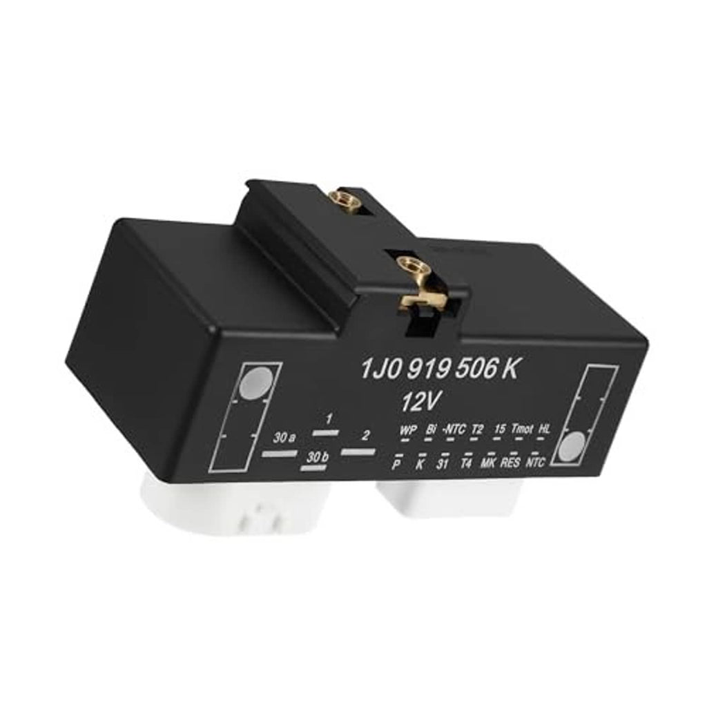 Black radiator fan relay control module with printed specs and two top electrical posts
