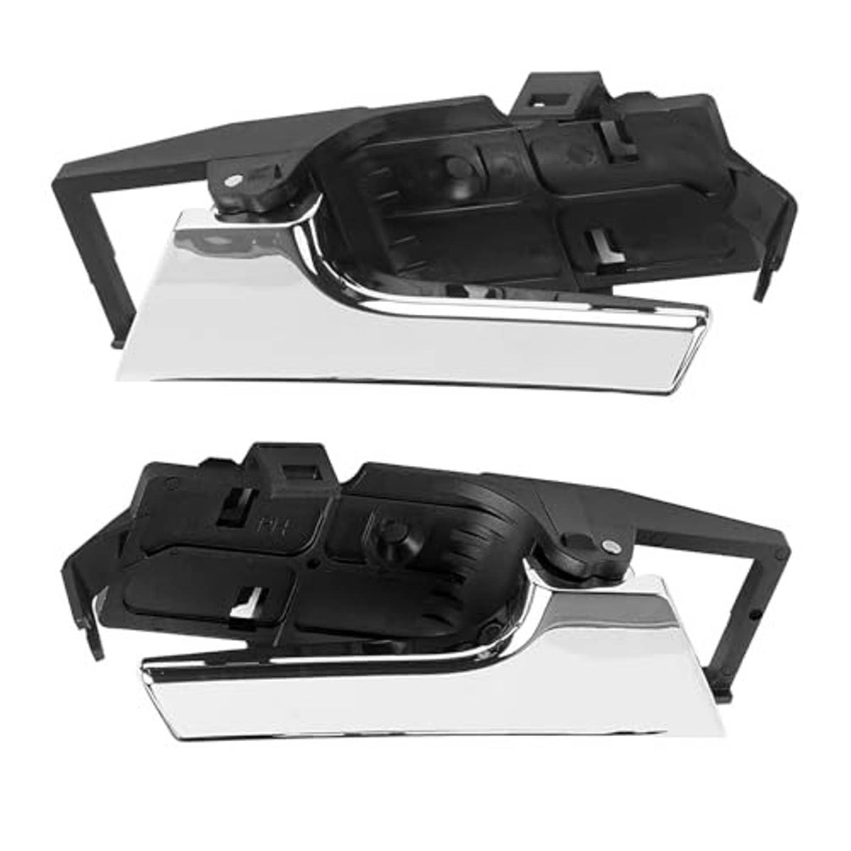 Interior door handle set with chrome lever and black frame, angled front view pair