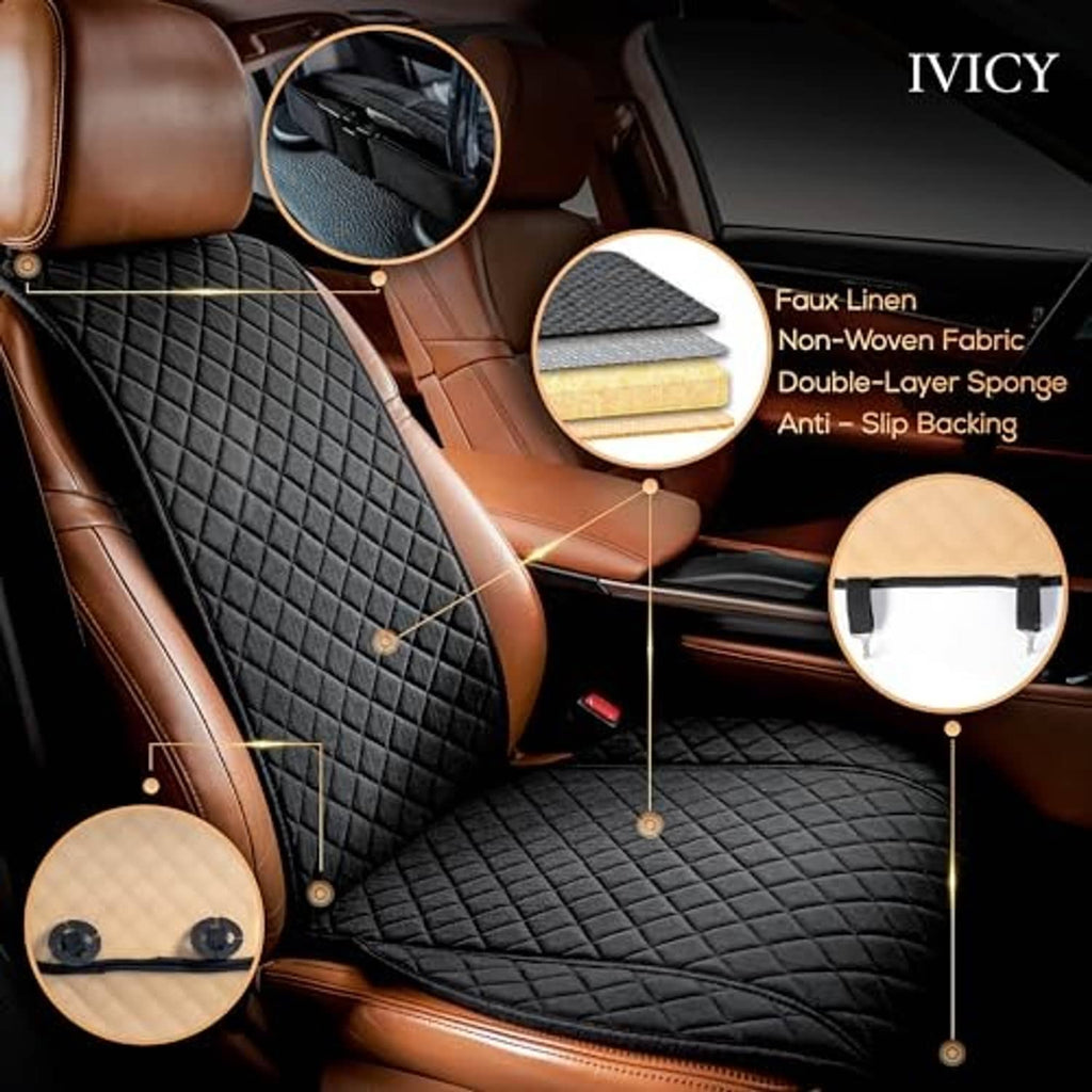 Black quilted faux linen seat cover detail with anti-slip backing and padded double layer