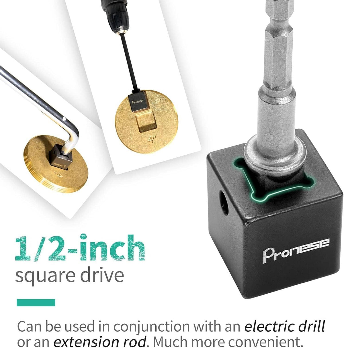 Cleanout plug wrench with 1/2-inch square drive and black cube head
