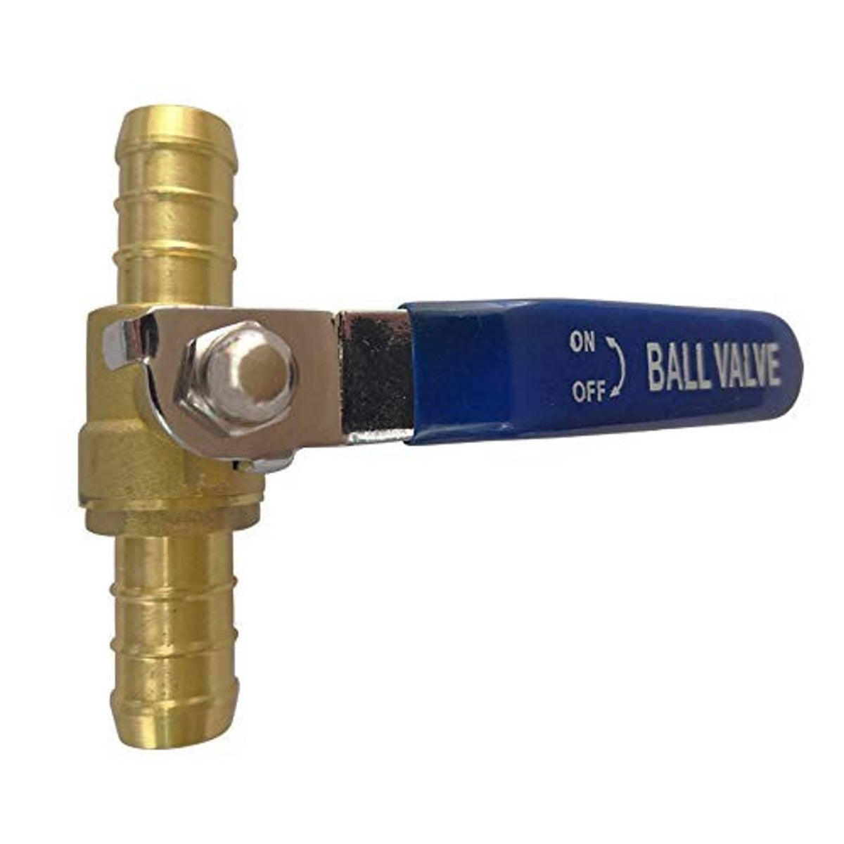 Brass inline ball valve with blue ON/OFF lever and metal clamp hardware