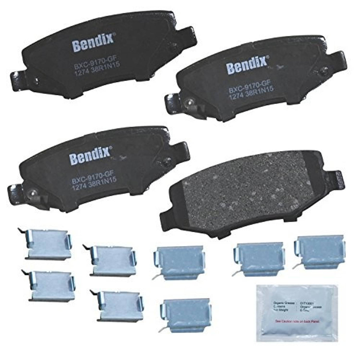 Ceramic rear brake pads set: black Bendix pads, blue anti-rattle clips, hardware