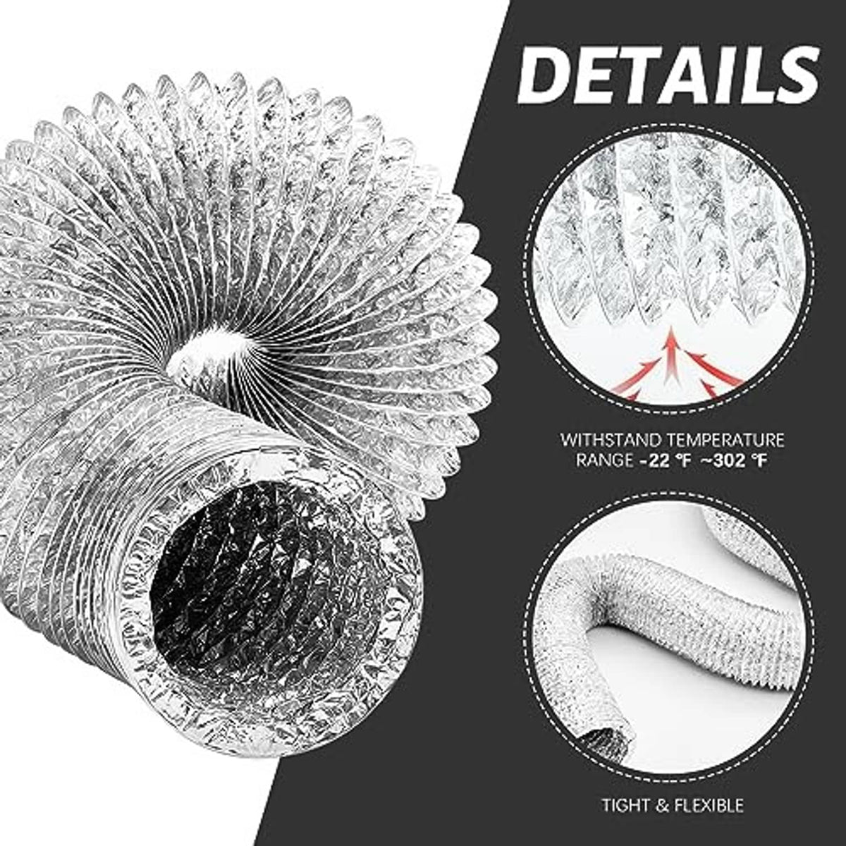 Silver aluminum foil vent duct with ribbed flexible body and two flared ends