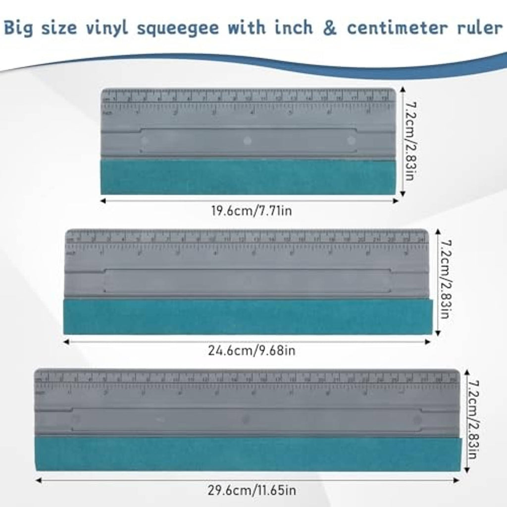 Large vinyl squeegee with inch and centimeter ruler markings and teal felt edge