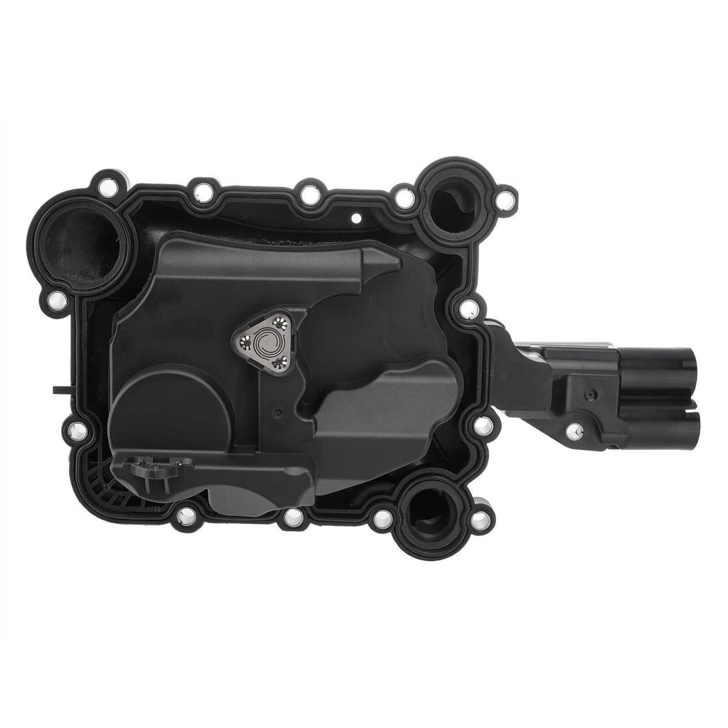 Black oil separator valve cover with circular vent port and outlet tube.