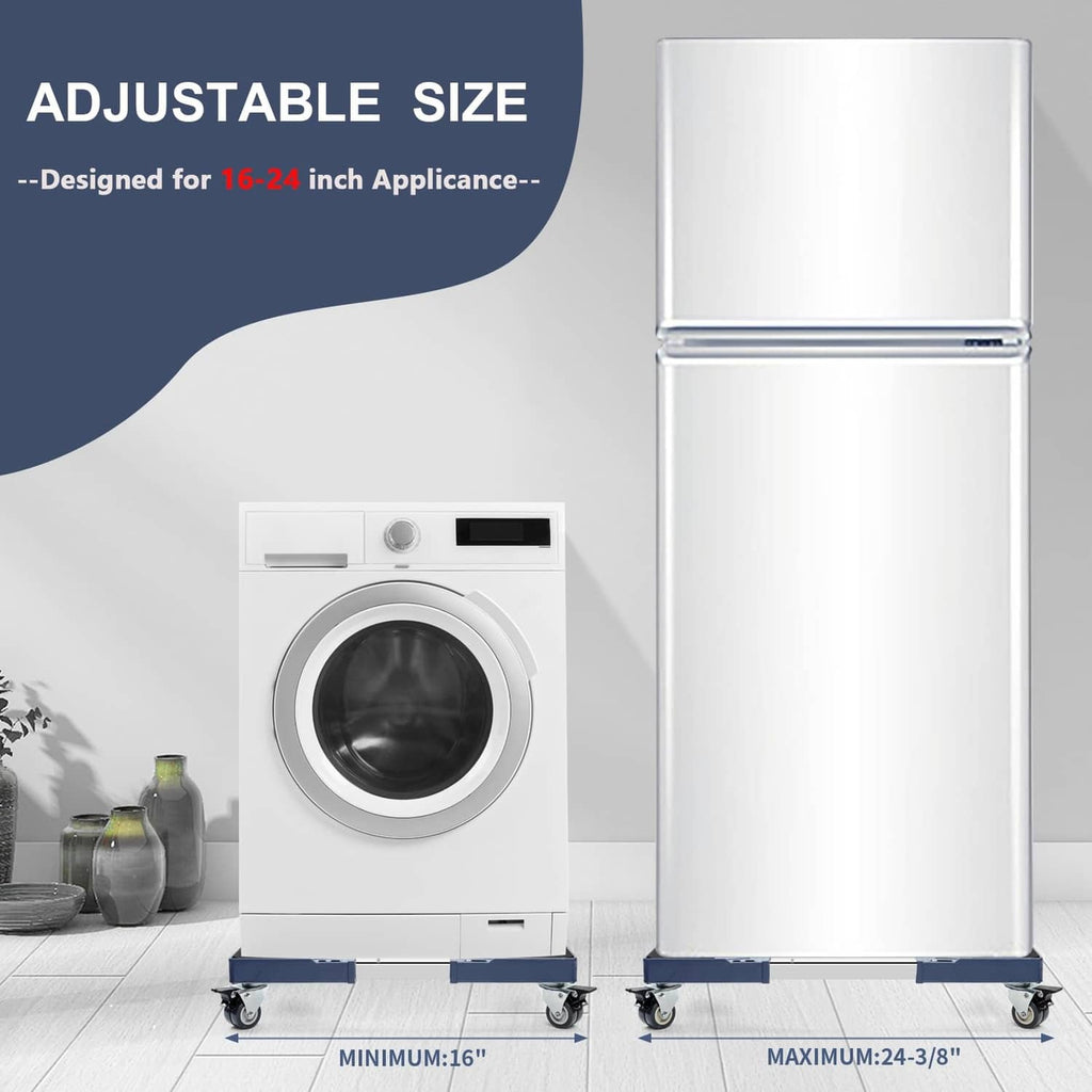 Adjustable dolly holding a tall appliance, showing min and max sizing range