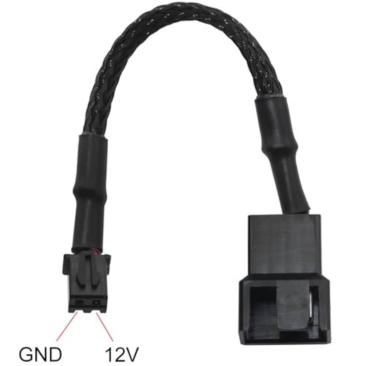 Adapter cable ends labeled GND and 12V, mini 2-pin JST XH to 4-pin fan connector