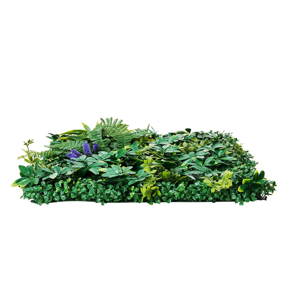 Rolled-up 3D artificial greenery wall panel with dense layered leaves, green and purple accents