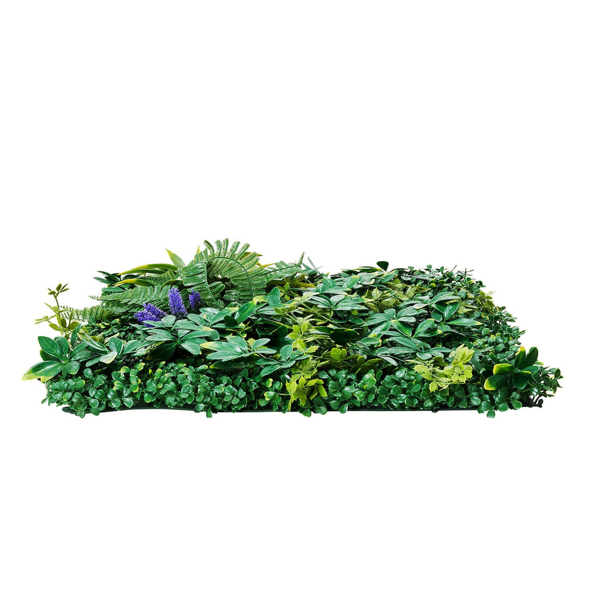 Rolled-up 3D artificial greenery wall panel with dense layered leaves, green and purple accents