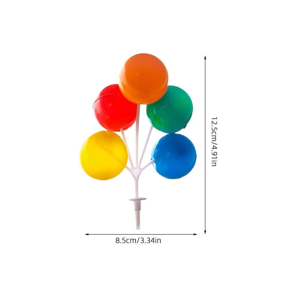 Mini plastic balloon cake topper with multicolor round balloons on a white stem