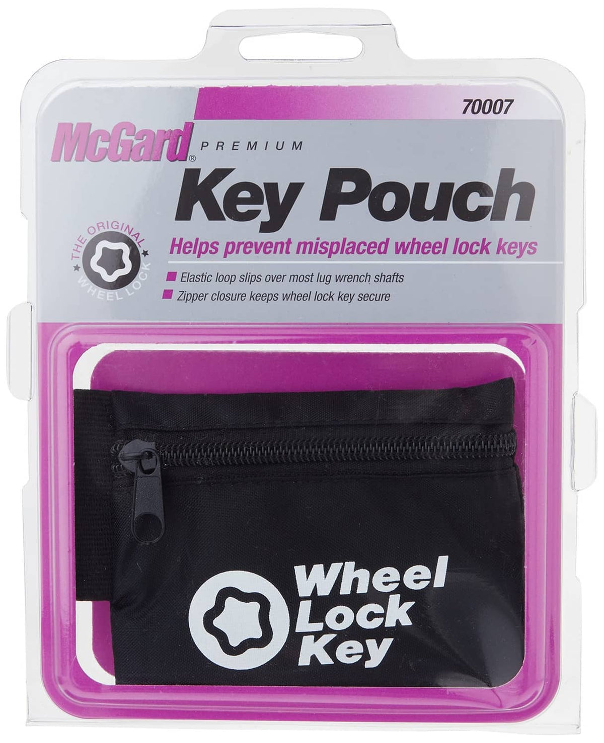 Black wheel lock key storage pouch in retail packaging, zipper closure