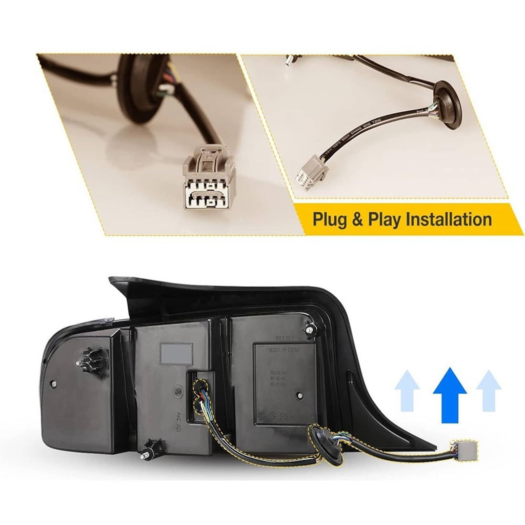 Black LED tail light housing with installed wiring harness and connector for plug-and-play