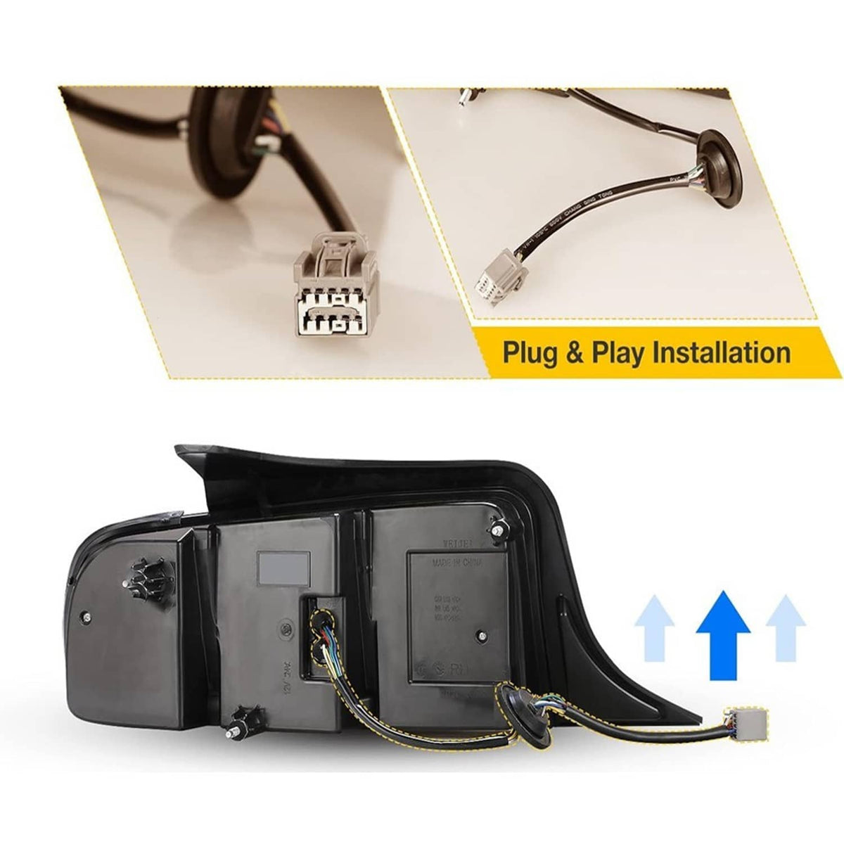 Black LED tail light housing with installed wiring harness and connector for plug-and-play