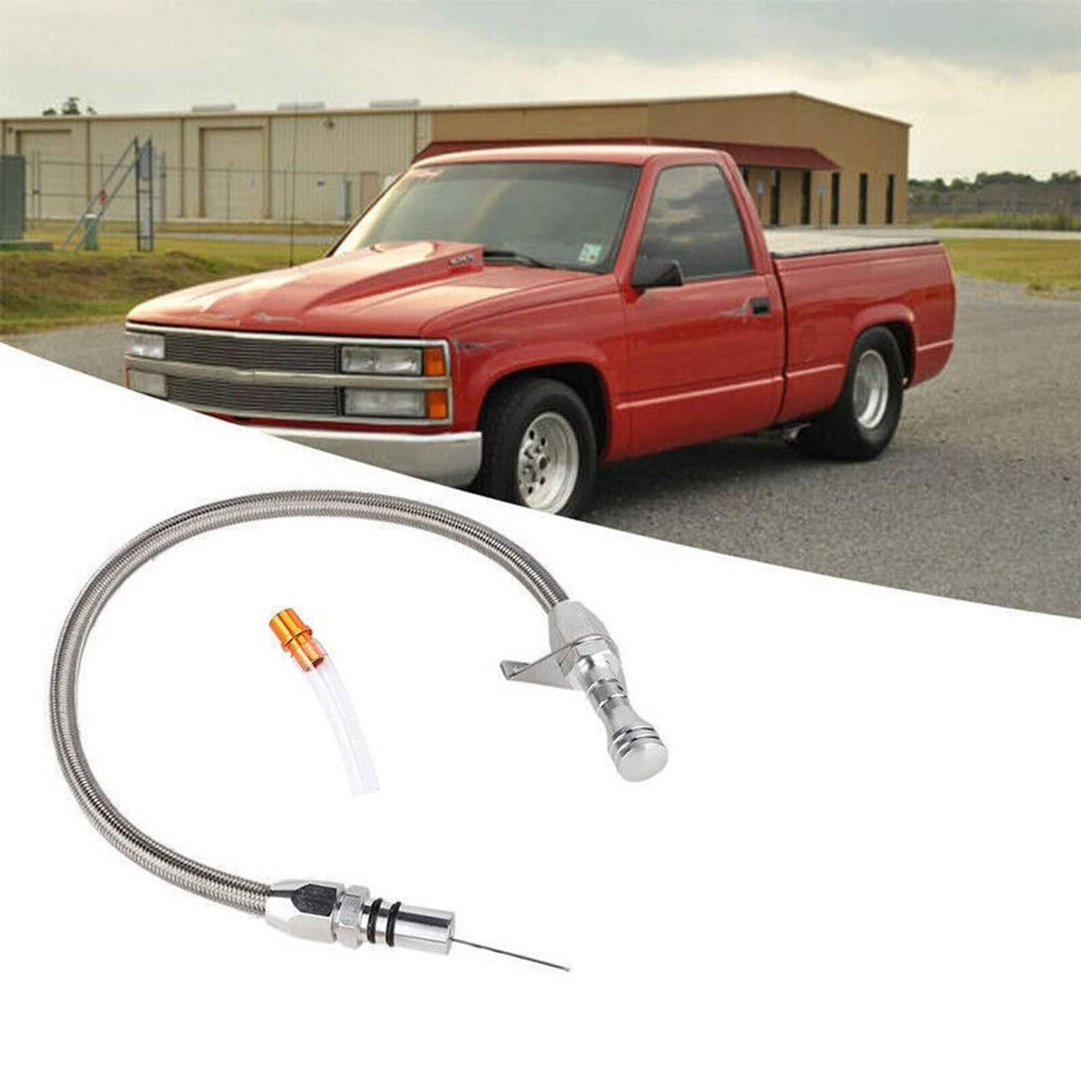Braided stainless dipstick hose kit with mounting bracket and dipstick probe