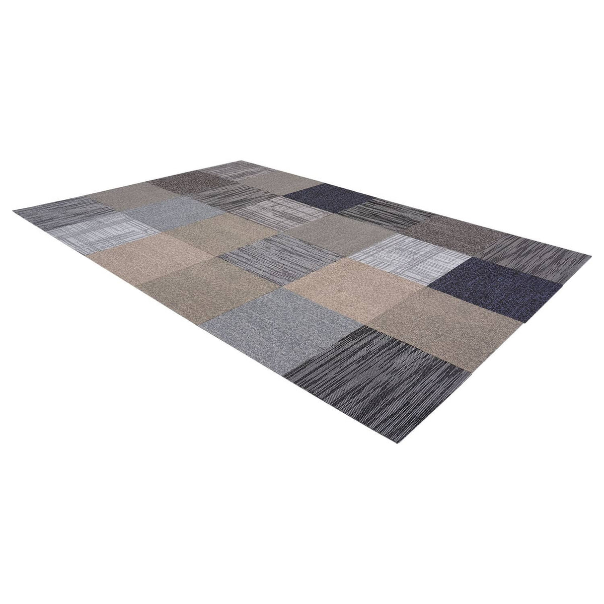Multicolor square carpet tile set arranged in patchwork, textured surface