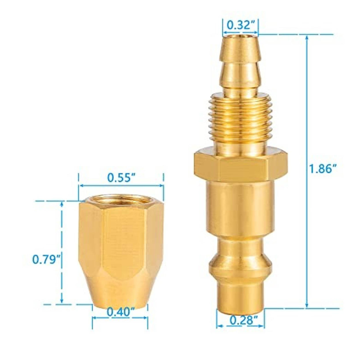 Brass pneumatic barb fitting with 1/4 in NPT threads, labeled measurements for sizing