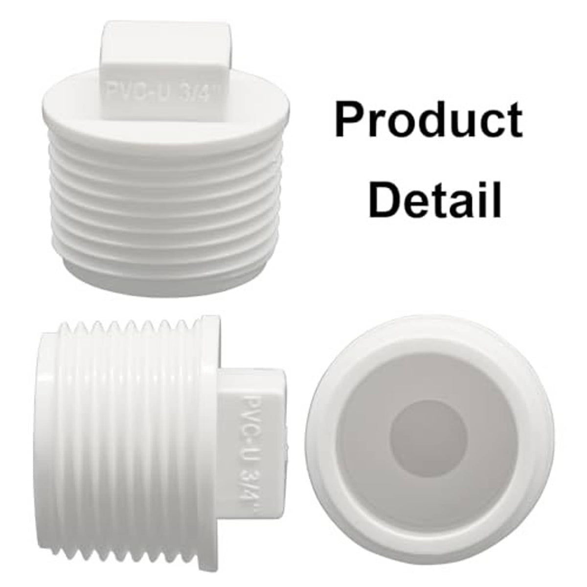 White PVC male-thread pipe end cap plug adapter, side and interior view