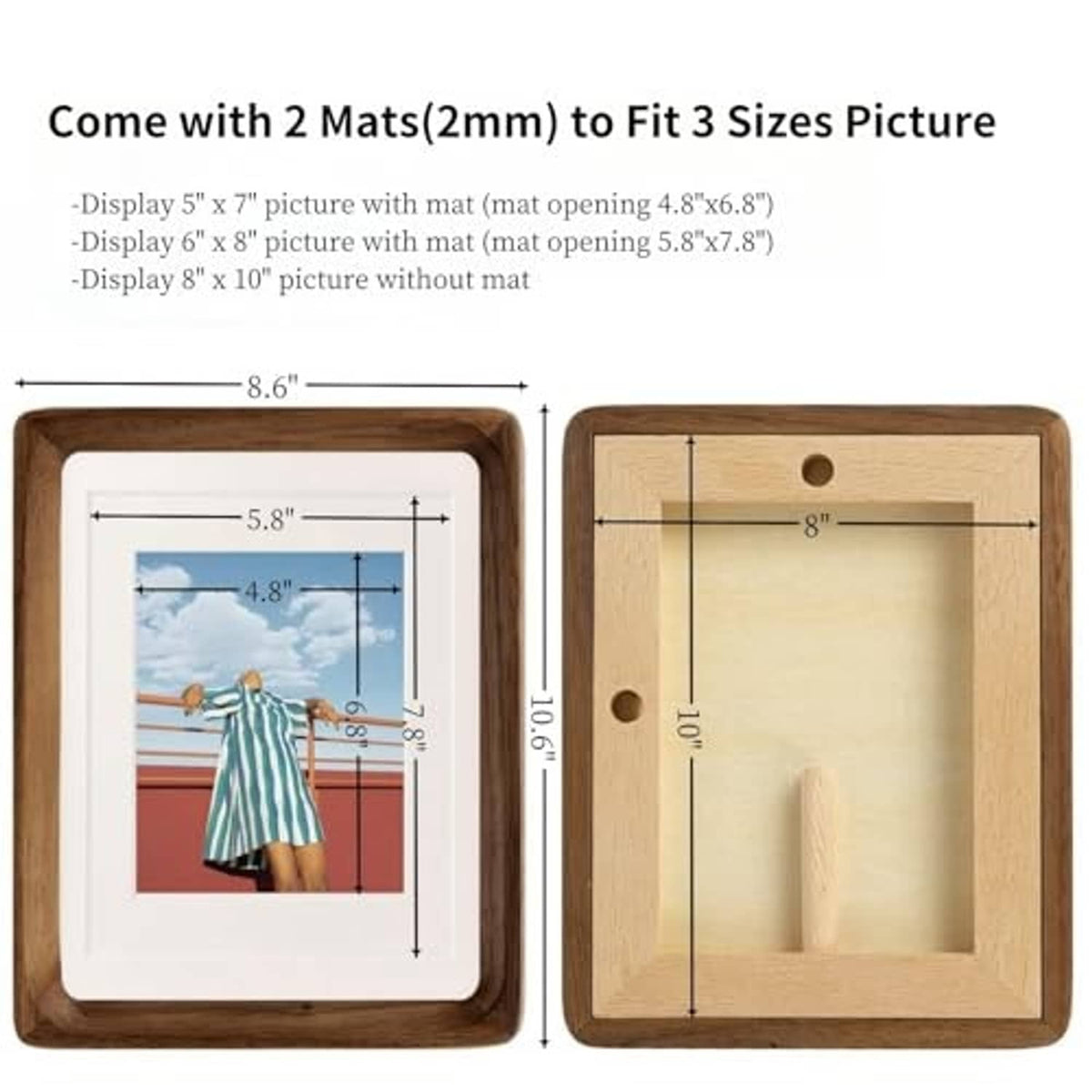 Walnut wood picture frame set with two white mats and size measurement layout