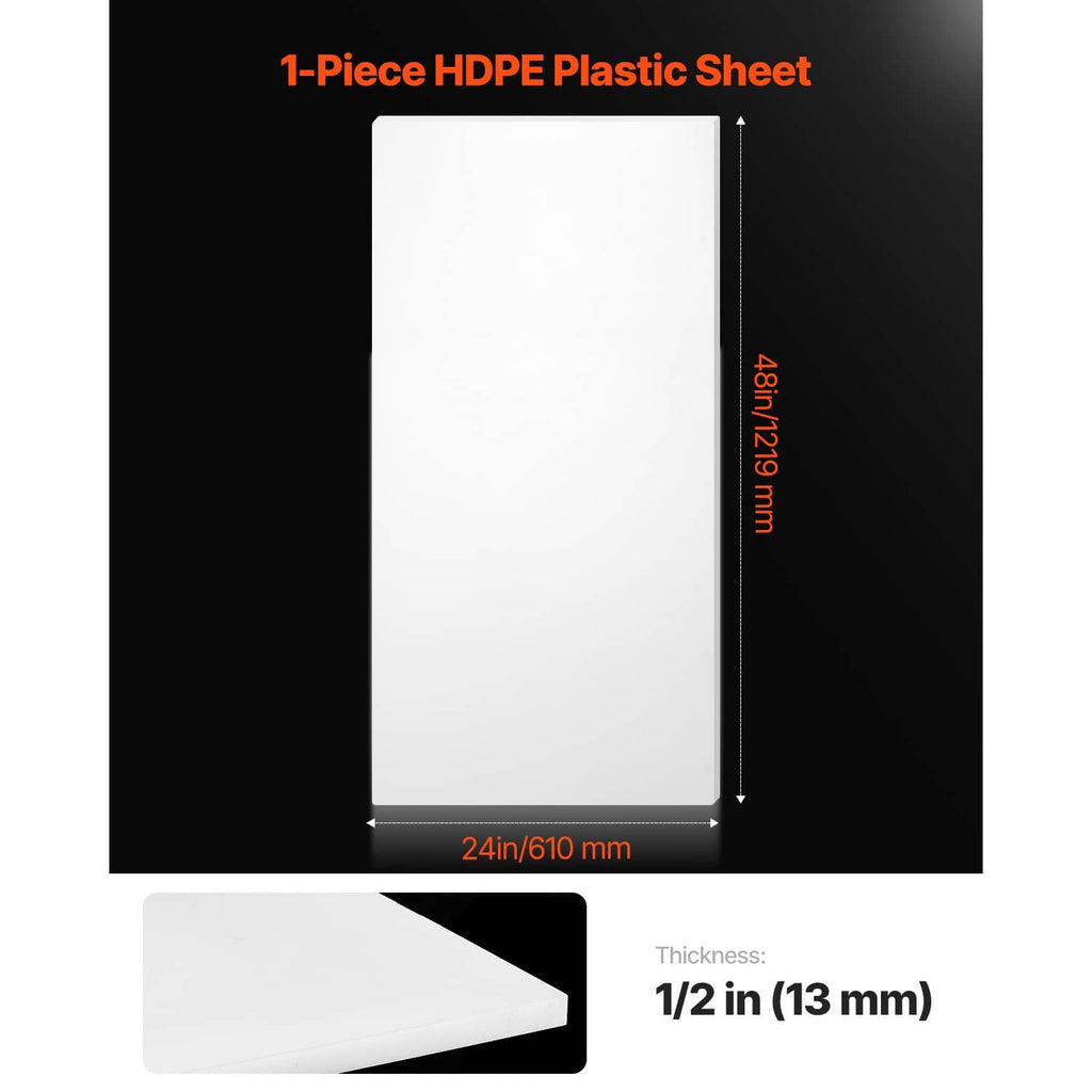 White 1/2 in thick HDPE plastic sheet board, 24 x 48 in rectangular panel.
