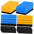 Vinyl squeegee set with blue and yellow blades and black velvet felt edges