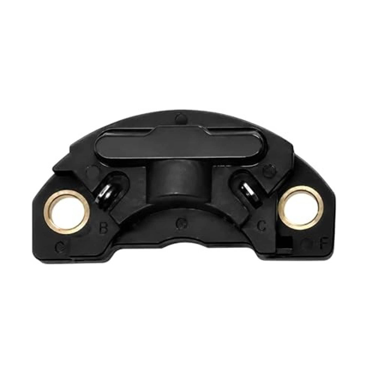 Ignition control module with black housing, oval top cover, and gold side terminals