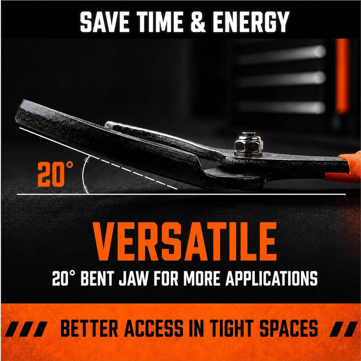 20° bent-jaw oil filter pliers with black head and orange handles for tight spaces.