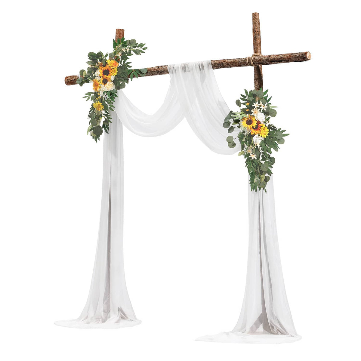 White draped wedding arch with green leaf garlands and yellow-orange faux sunflower flowers
