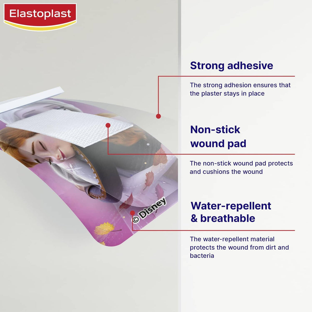 Elastoplast Frozen kids plaster features: strong adhesive, non-stick pad, water-repellent