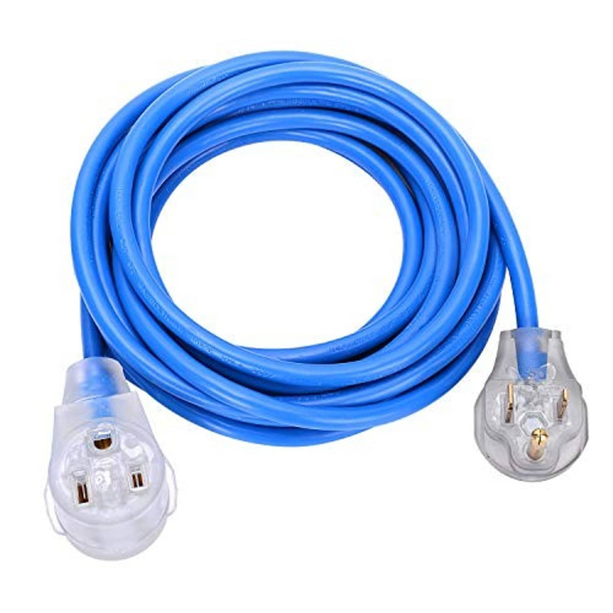 Coiled blue welding extension cord with NEMA 6-50P plug ends