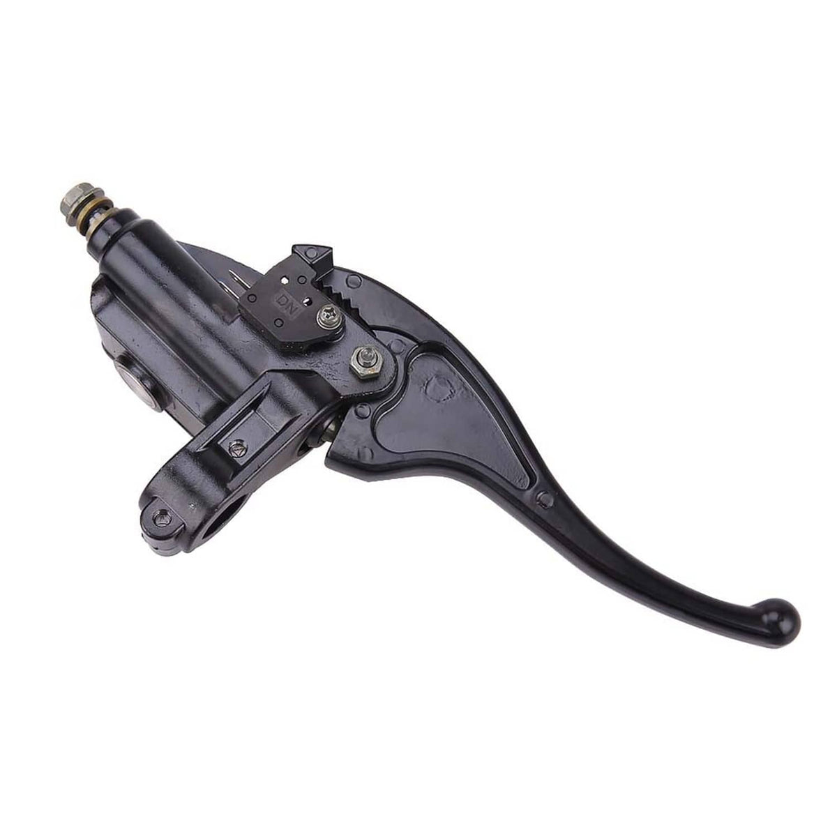 Front brake master cylinder with black lever and brake line fitting, metal body