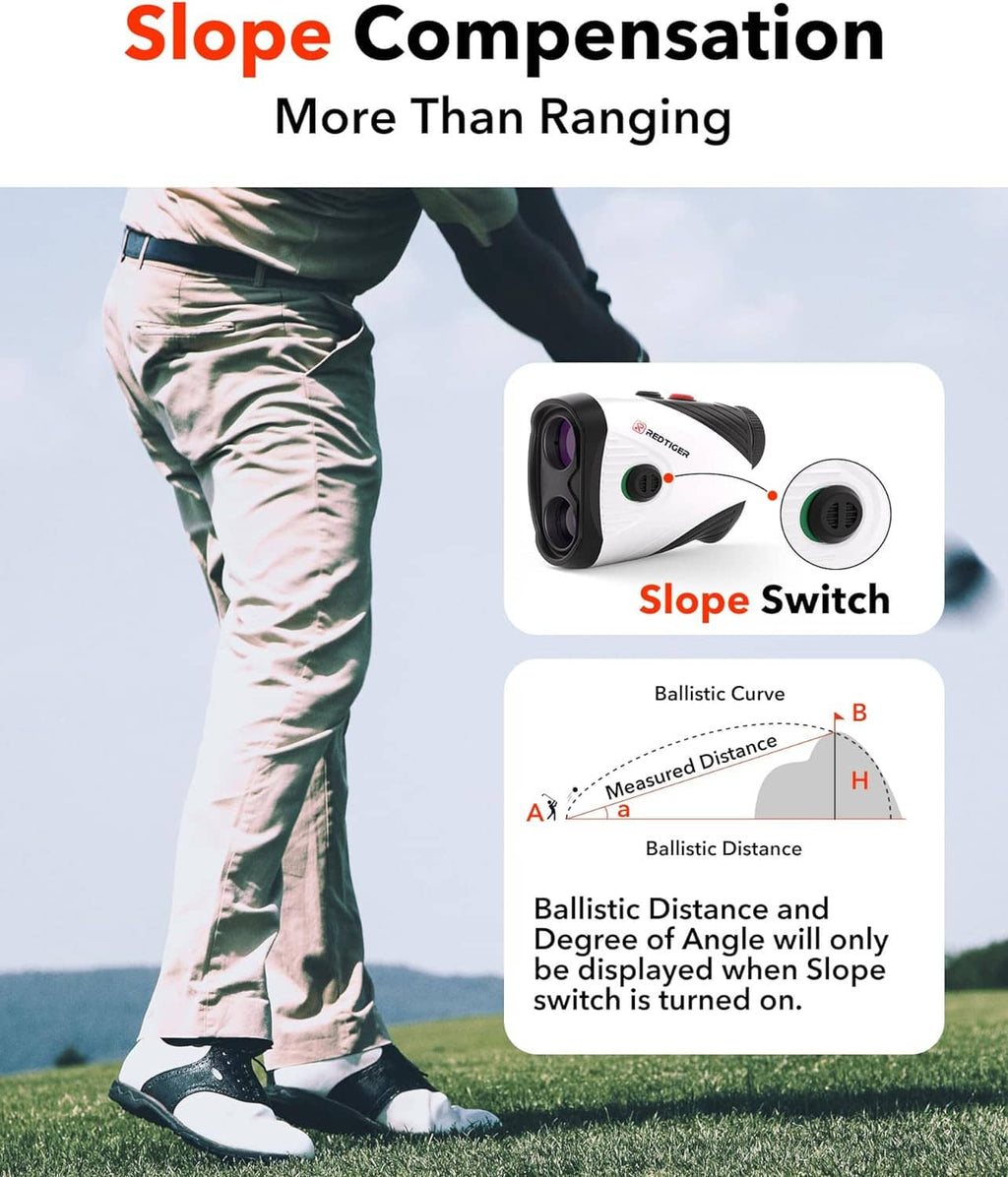 Golf rangefinder showing slope switch and compact binocular-style design