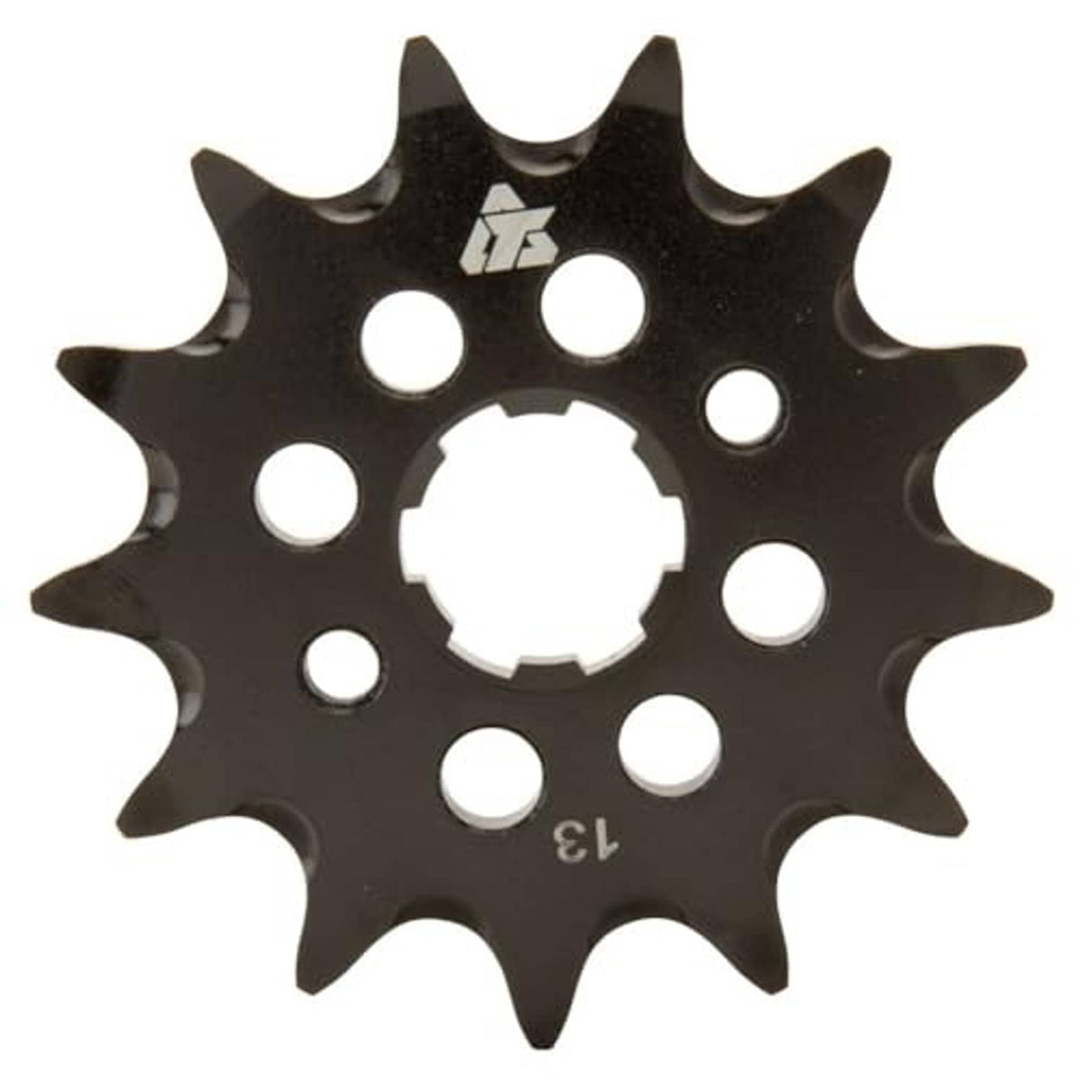 Black 13-tooth front sprocket with multiple mounting holes and center gear opening