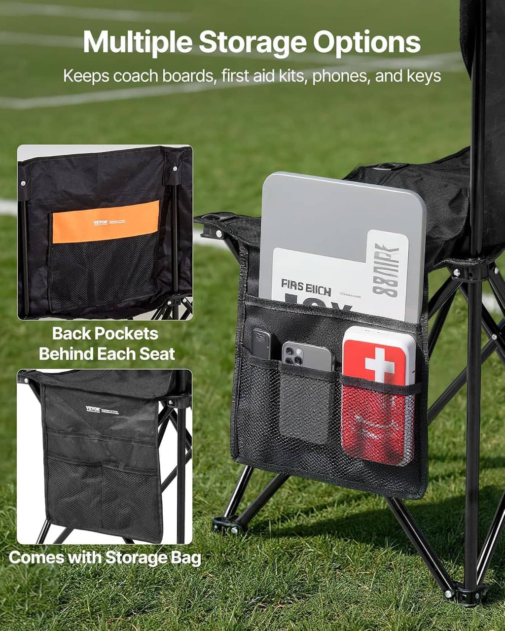 Black folding bench with multiple storage pockets on back and side panels