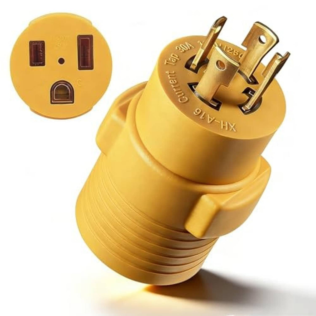 Yellow twist-lock adapter plug with metal prongs and generator plug face