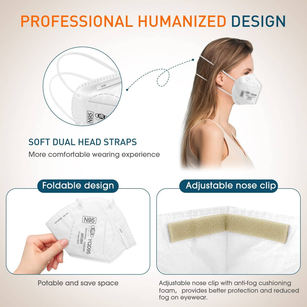 White N95 respirator mask worn by a woman with soft dual head straps