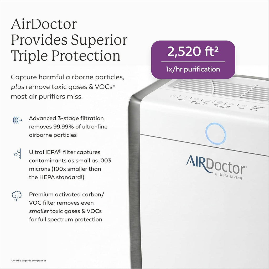AirDoctor air purifier front with top grille vents and blue status ring