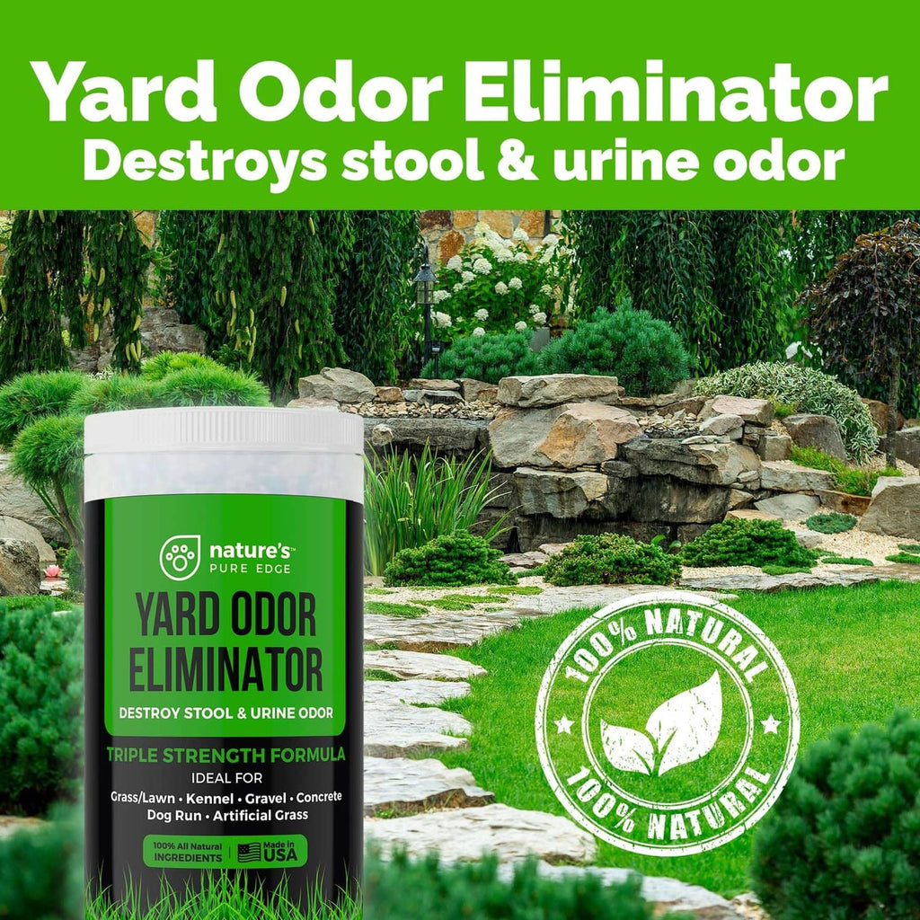 Nature's Pure Edge Yard Odor Eliminator bottle with 100% natural seal badge