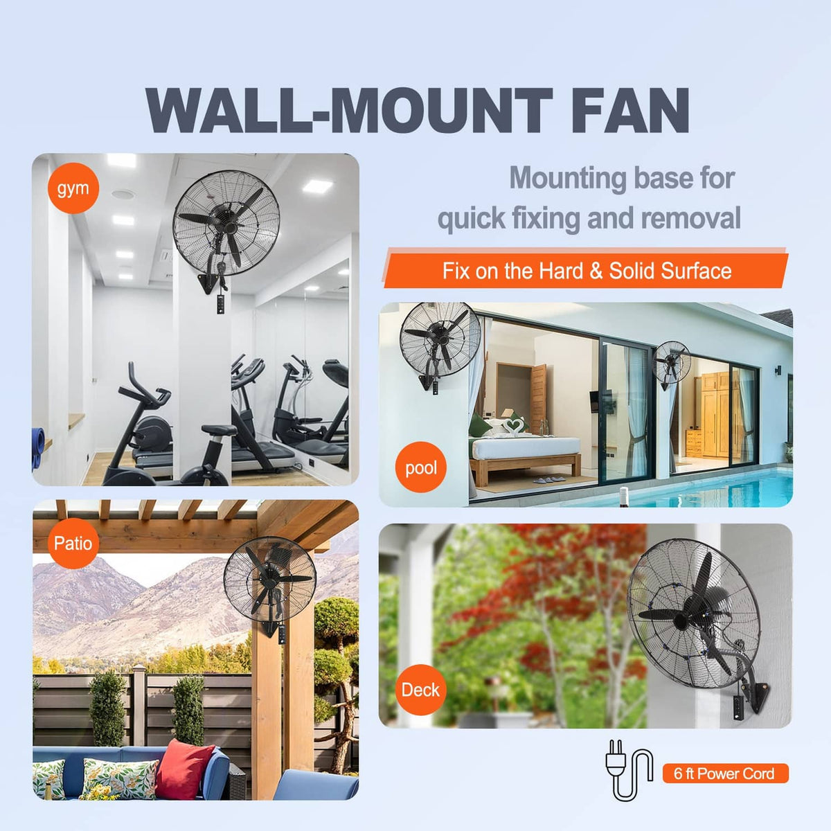 Wall-mount fan setup with mounting bracket for easy installation on hard surfaces