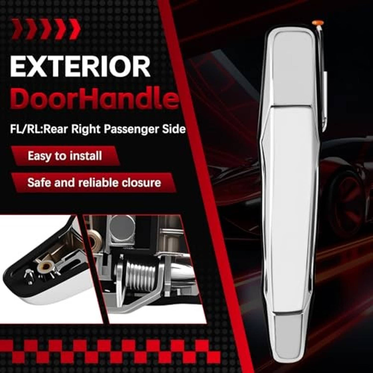 Chrome exterior door handle with smooth grip and visible latch linkage