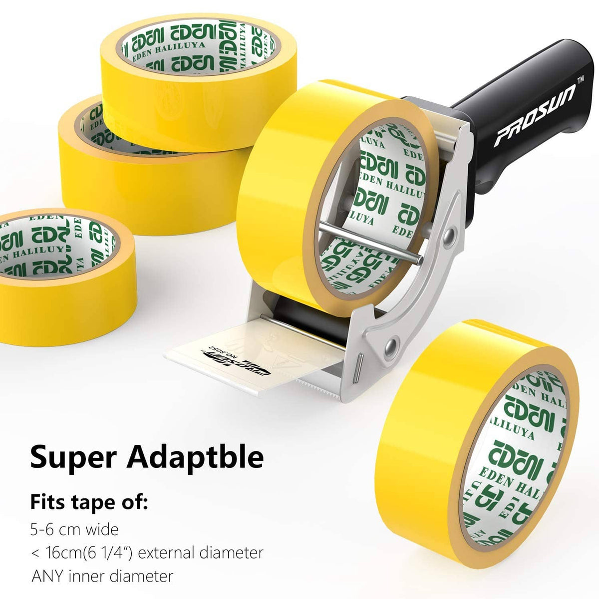 Prosun tape gun dispenser holding multiple yellow tape rolls on the frame