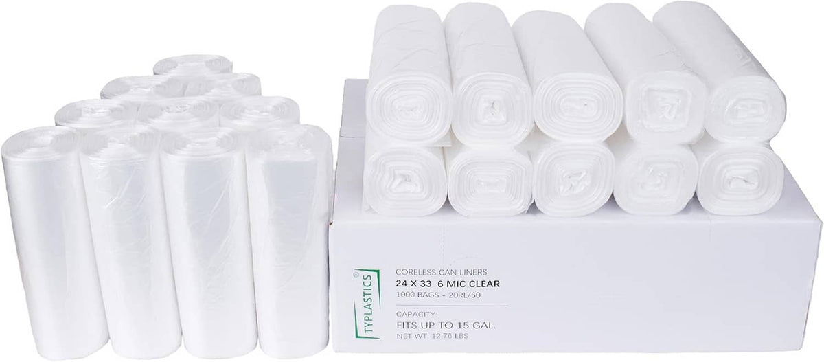 Clear trash bag liners rolls stacked in a box, multiple units