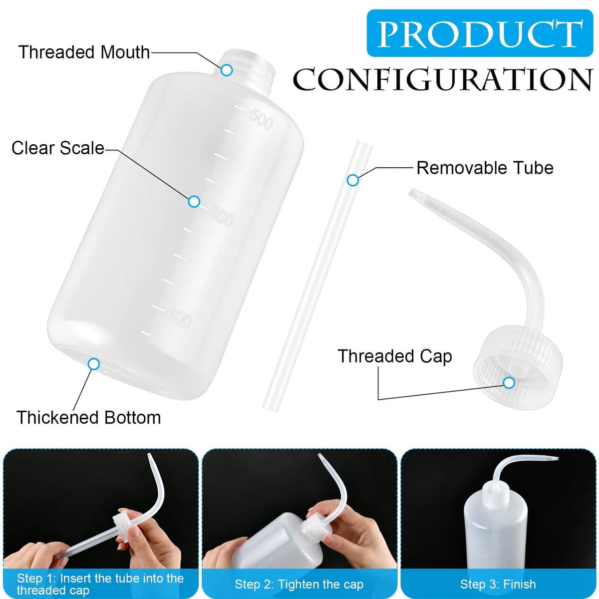 White squeeze wash bottle parts: threaded cap, clear scale, removable tube