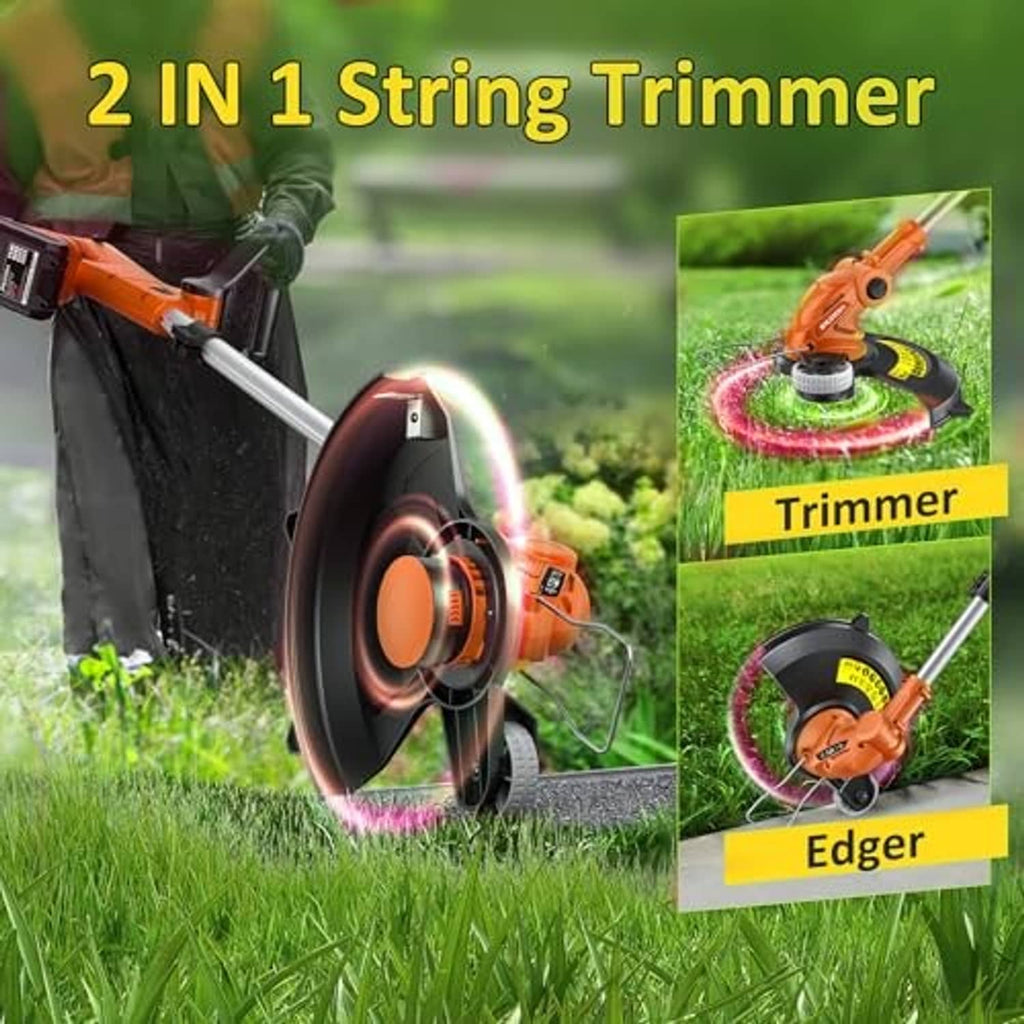 Cordless string trimmer outdoors for trimming grass and edging with spinning cutting head