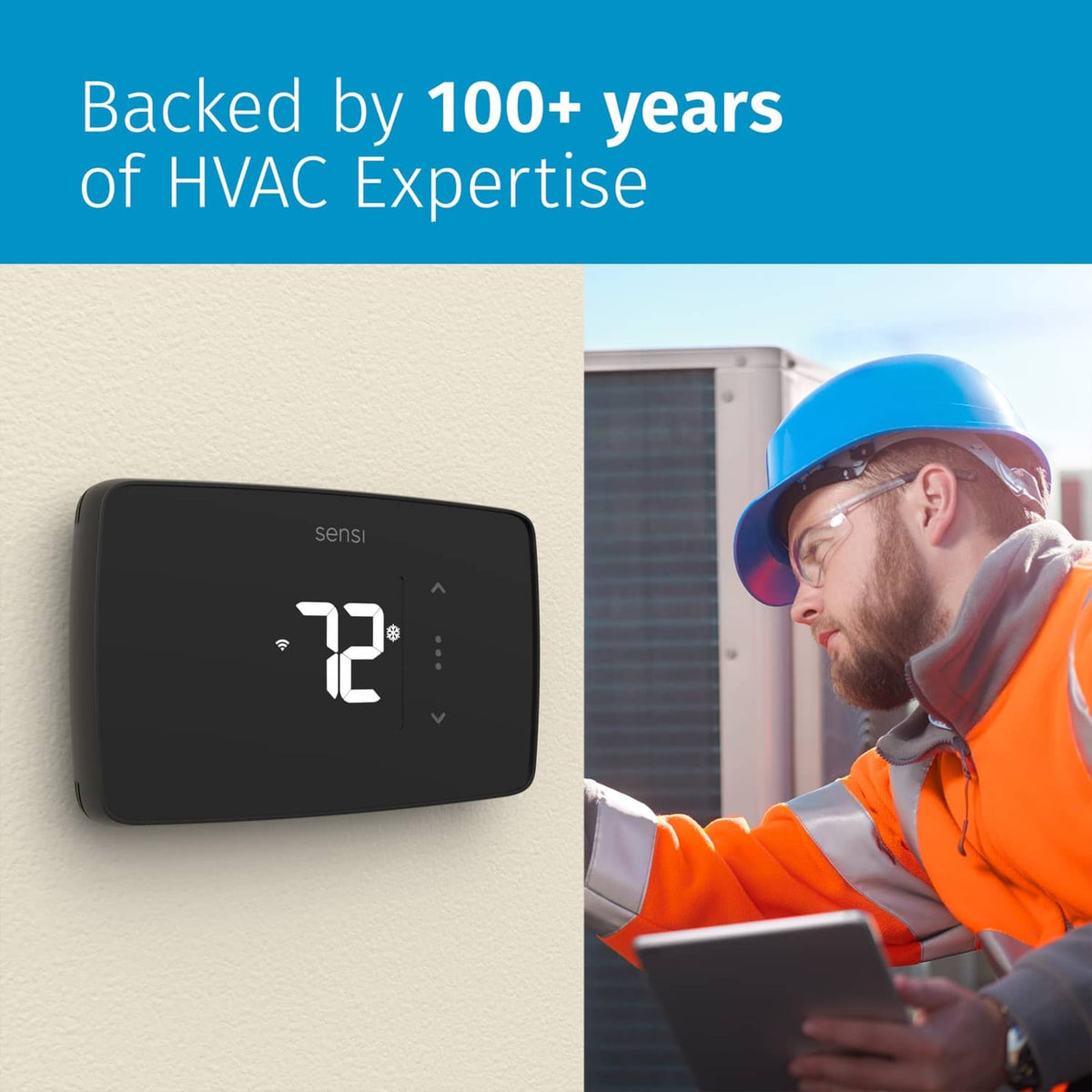 Black Sensi Lite smart thermostat with HVAC technician holding tablet
