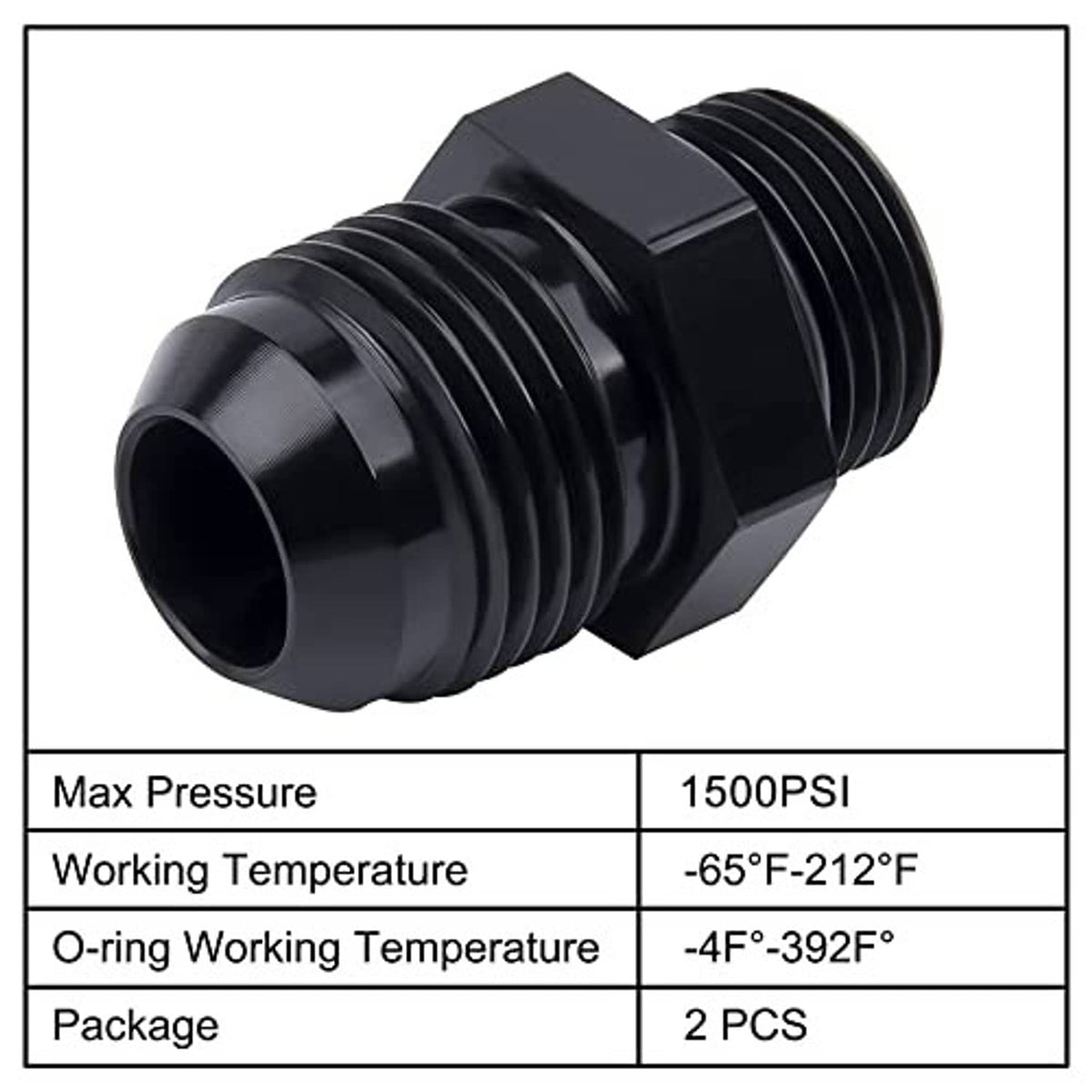 Black AN adapter fitting with threaded male end and included O-ring seal