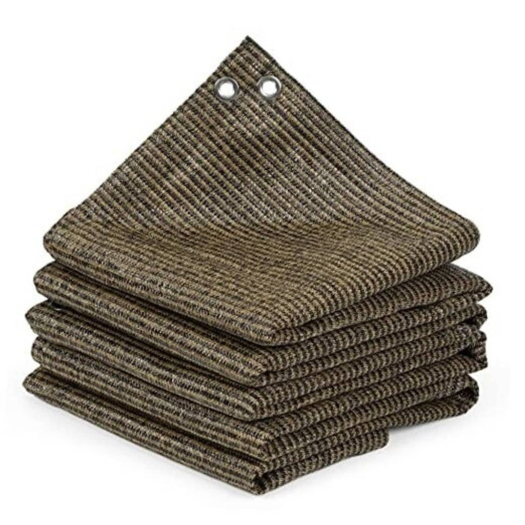 Mocha woven pergola shade cloth with metal grommets, folded stack