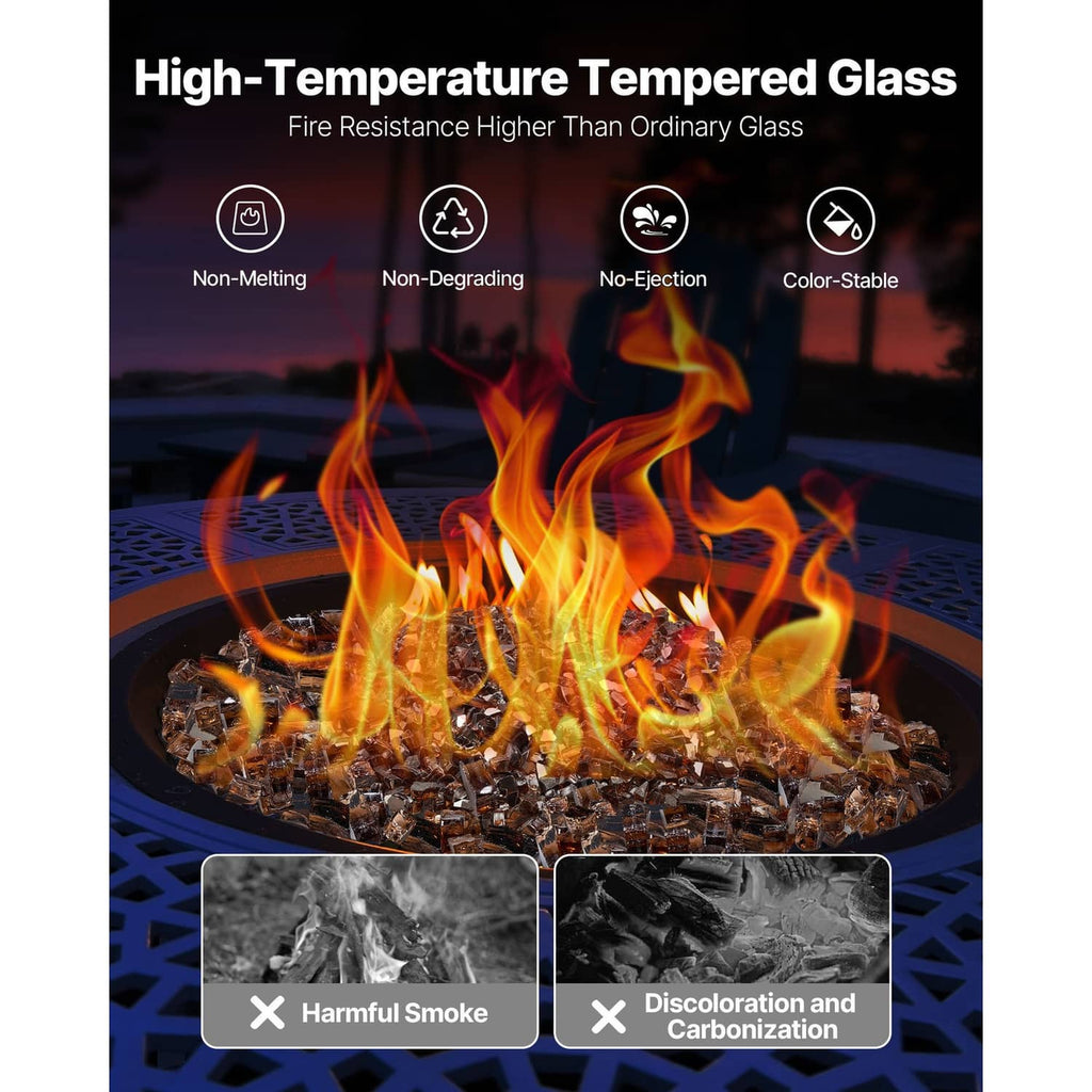 Copper crushed fire pit glass rocks in a round burner with visible flames
