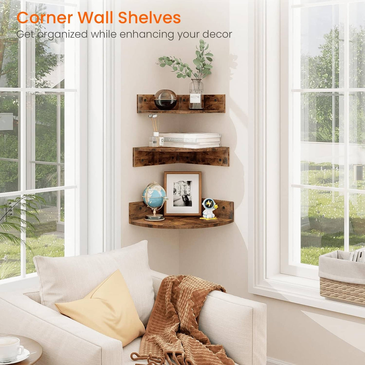 Brown L-shaped corner floating shelves mounted on wall with small decor items